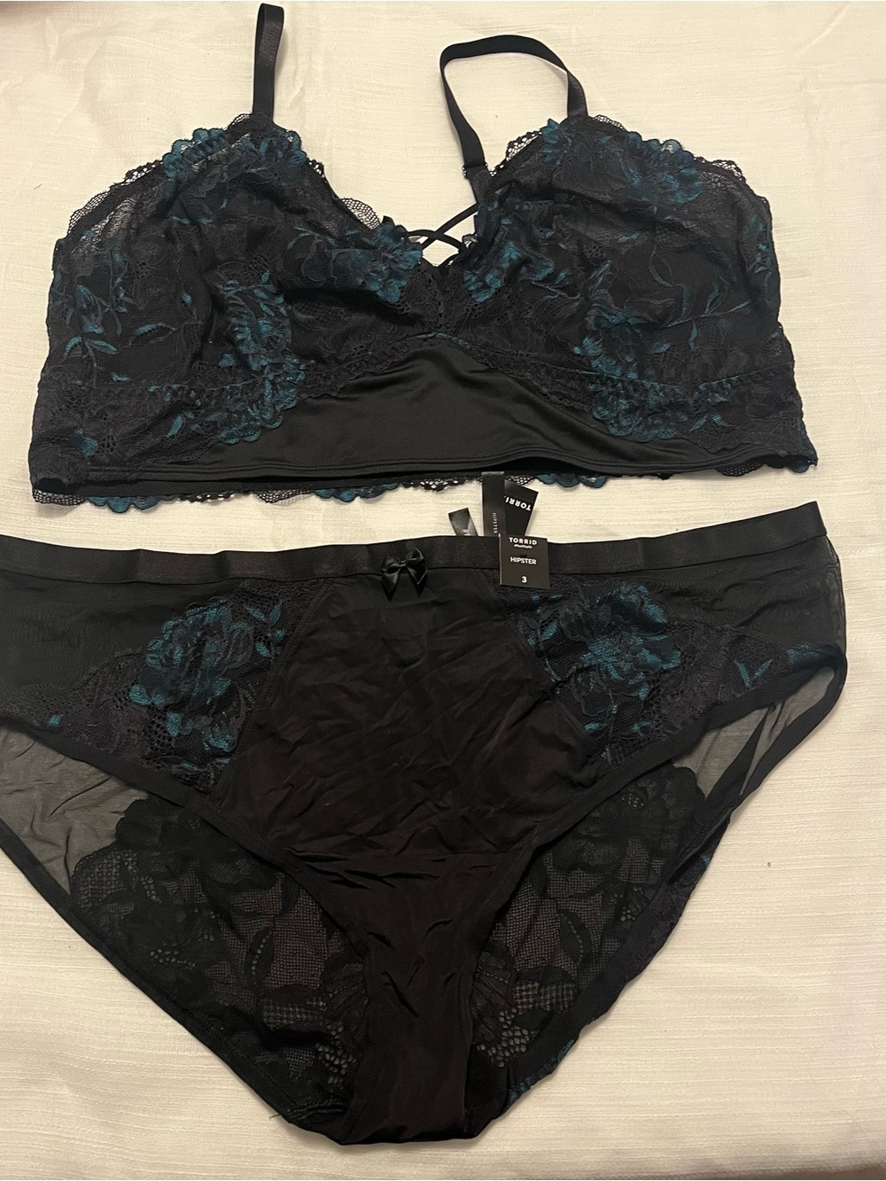 torrid Black Lace Bralette & Bikini Panty Set with Teal Floral Embroidery